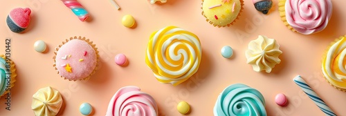 Abstract shapes of cute sweets like cupcakes, lollipops, and candies on a pastel background photo