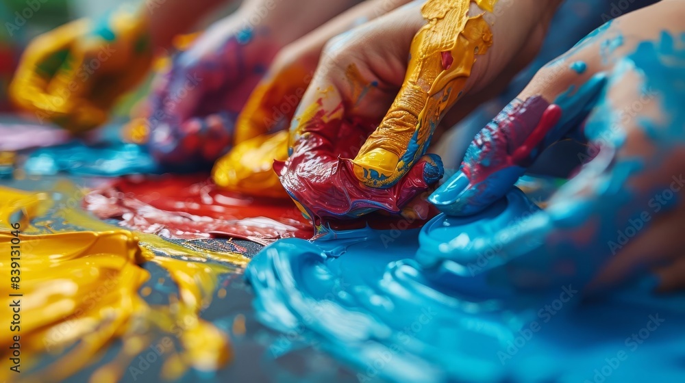 Fototapeta premium Diverse employees as different colored paint, collaborating on a canvas