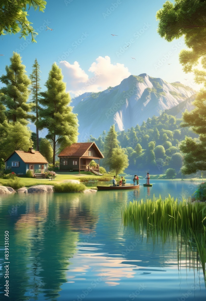 Naklejka premium scenic family fishing trip lake fishing rods boat nature, outdoors, leisure, activities, recreation, water, relaxation, vacation, adventure, landscape, gear