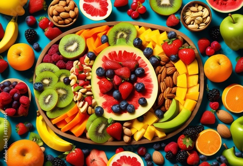 colorful nutritious snack platter children fresh nuts, antioxidants, balanced, berries, bites, blueberries, carrots, cashews, celery, cherries, crispy © Yaraslava