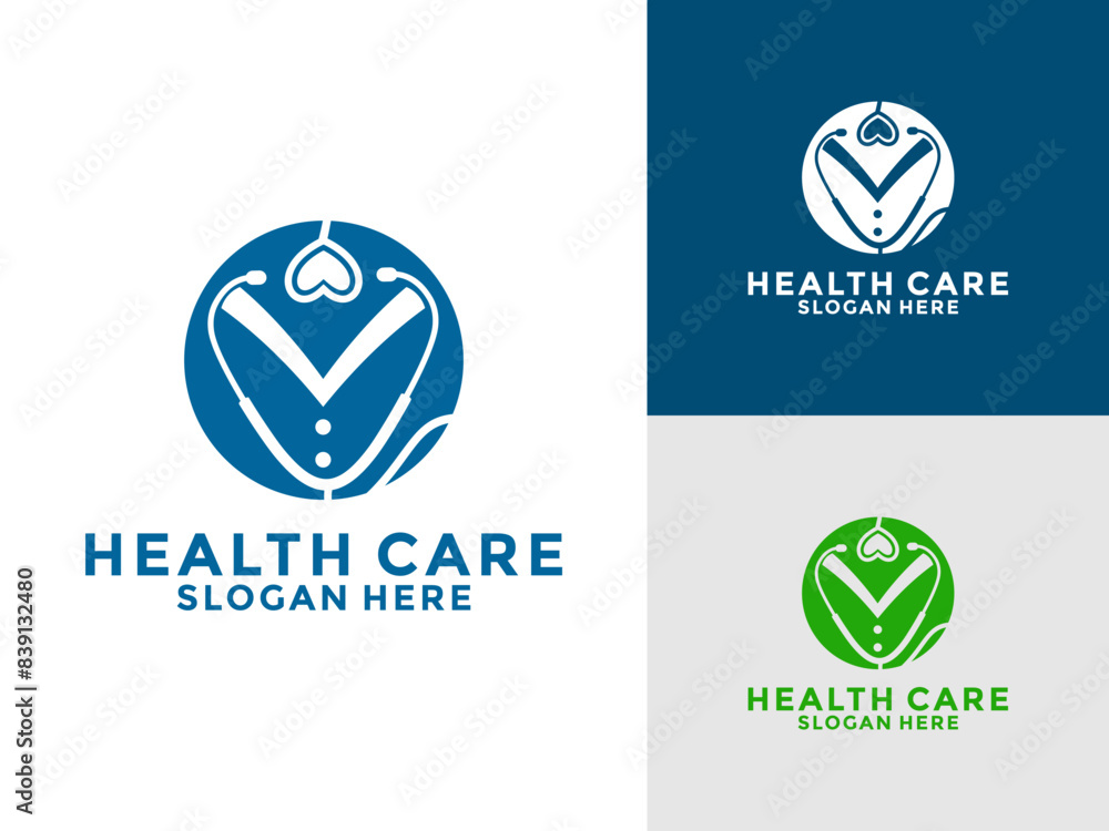 Stethoscope logo with heart shape and doctor's clothes vector Illustration, Health Care logo design Stethoscope logo with heart shape and doctor's clothes vector Illustration, Health Care logo design