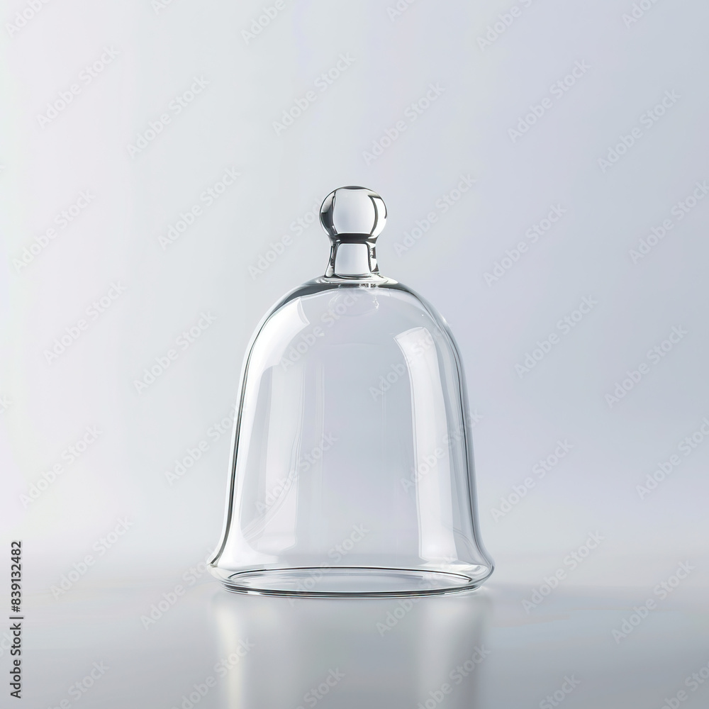 A glass bell jar sits on a reflective surface against a white background. A glass bell jar sits on a reflective surface against a white background.