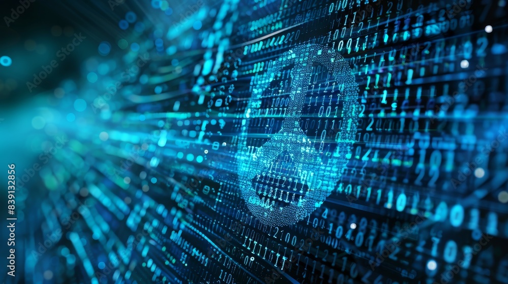 Digital matrix with code, futuristic technology background, blue binary data stream and secure shield symbol representing cyber security. Digital matrix with code, futuristic technology background, blue binary data stream and secure shield symbol representing cyber security.