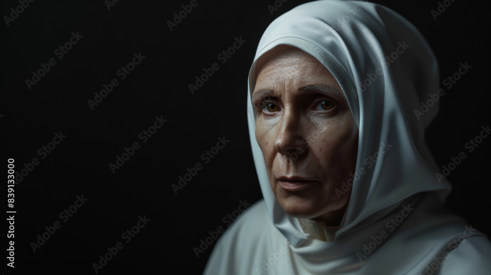 A serene nun's portrait, shrouded in white, with a gaze of deep contemplation. A serene nun's portrait, shrouded in white, with a gaze of deep contemplation.