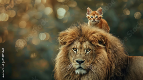 A lion and a kitten share an improbable moment in an enchanting autumn forest. photo
