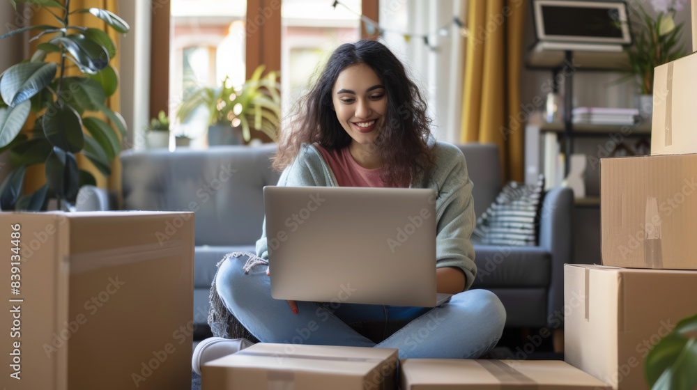 A cheerful young woman works on her laptop among moving boxes, embodying a fresh start. A cheerful young woman works on her laptop among moving boxes, embodying a fresh start.