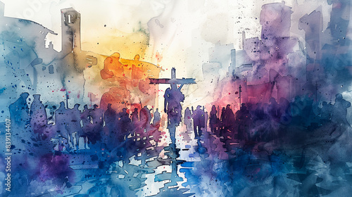 Digital watercolor painting of Jesus Watercolor painting, Jesus carrying the cross through an ancient city street, people lining the path, expressions of sorrow and reverence photo