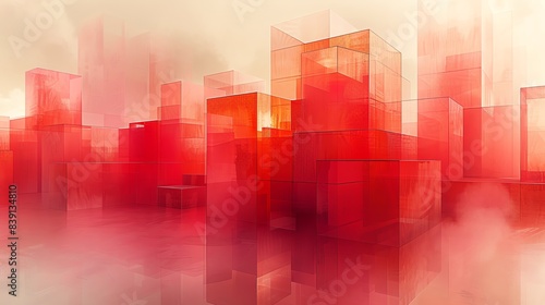 Abstract red cityscape with fog and blurry buildings