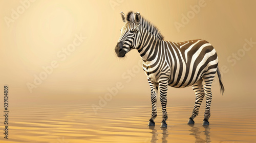 A zebra stands solitary amidst a golden-hued reflective waterscape.
