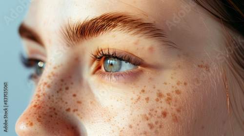 Close-up gray eye, beauty salon treatment, 2d volume, classical lashes, brows lamination, freckles