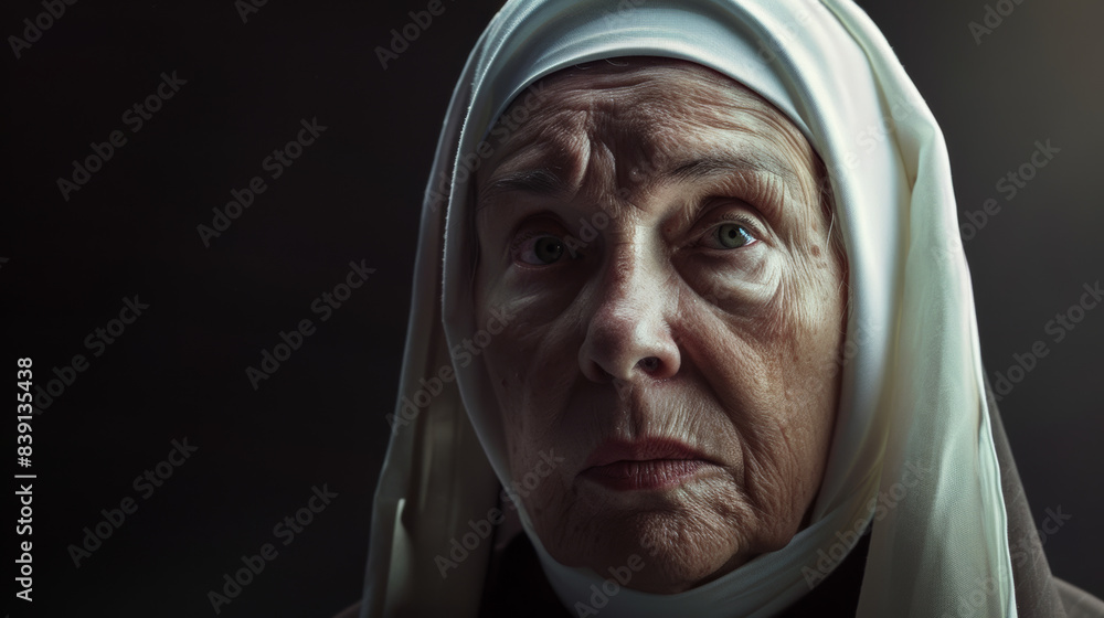 An elder nun looks upward in wonder, draped in white, against a dark backdrop. An elder nun looks upward in wonder, draped in white, against a dark backdrop.