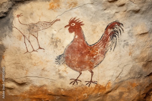 Paleolithic cave art painting style of Chicken chicken ancient animal. photo