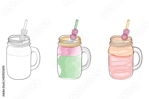 A set of three illustrations featuring hand-drawn mason jars filled with smoothies. One jar is outlined, while the other two feature colorful watercolor fills. © okskukuruza
