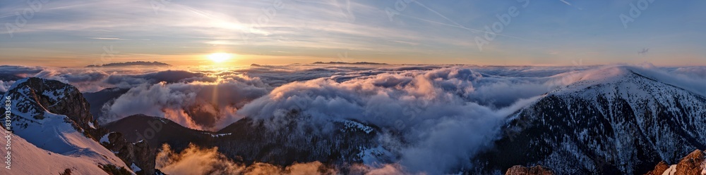 Epic sunrise in the winter mountains. Fantastic scenery in the Carpathian Mountains. Epic sunrise in the winter mountains. Fantastic scenery in the Carpathian Mountains.