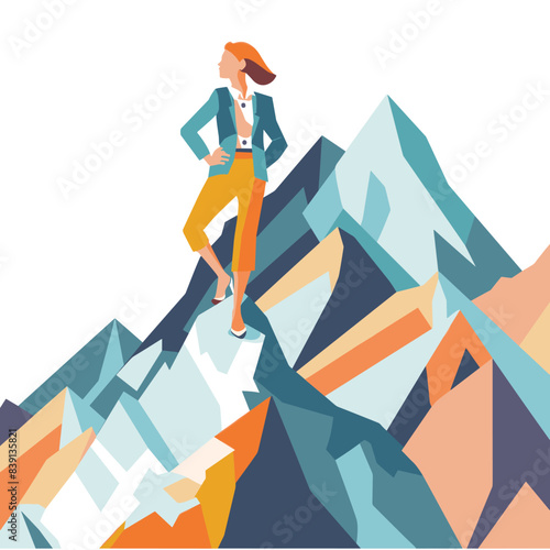 Woman standing atop mountain, successful female hiker reaches peak, leadership. Young adult woman, pose, mountain summit, success, achievement, ambition. Casual attire hiker