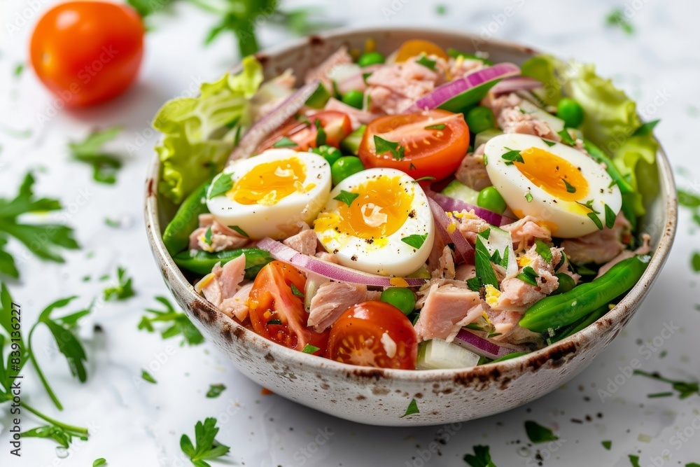 French salad with tuna nicoise, served in plate on white table French salad with tuna nicoise, served in plate on white table
