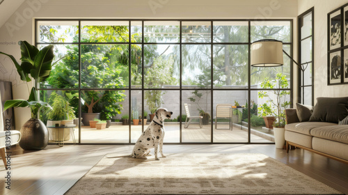 A serene Dalmatian sits in a sunlit living room with large windows and lush greenery outside. © VK Studio