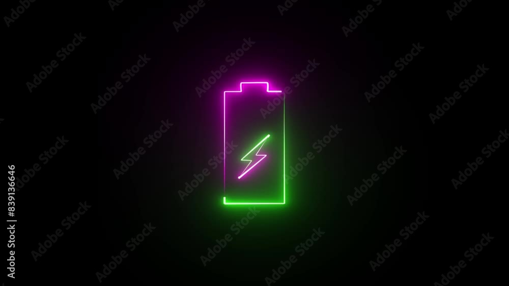 Neon battery sign animation. Battery charging sign and symbol. Energy, electricity, power icon and black background. Neon battery sign animation. Battery charging sign and symbol. Energy, electricity, power icon and black background.