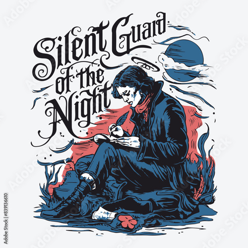 Silent Guard Of The Night T-Shirt Design. Tortured Poet Gothic Vector