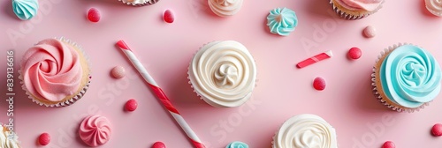 Abstract shapes of cute sweets like cupcakes, lollipops, and candies on a pastel background photo