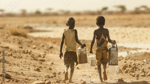 Siblings carry water together through harsh terrain, under the unwavering heat of the sun.