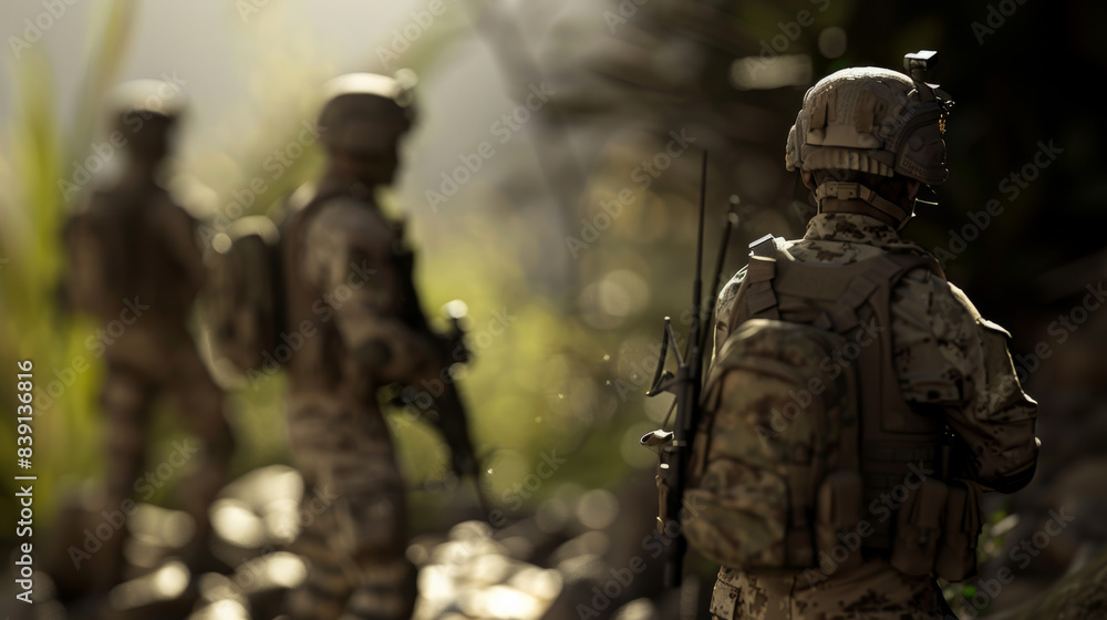 Silhouetted soldiers on patrol in a dense jungle environment, evoking tension. Silhouetted soldiers on patrol in a dense jungle environment, evoking tension.