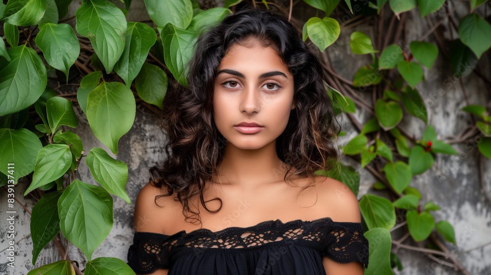 A portrait of an Indian woman wearing an off-the-shoulder black top, curly hair, concrete walls and ivy growing up them A portrait of an Indian woman wearing an off-the-shoulder black top, curly hair, concrete walls and ivy growing up them