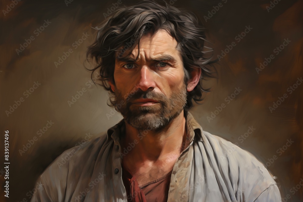 Fototapeta premium Digital painting of a man with a stubble and a deep, thoughtful look