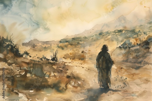 Struggle and Victory: Jesus Tempted in Barren Desert Scene