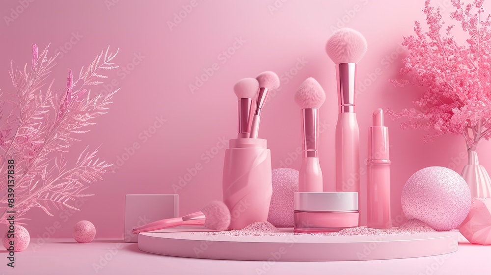 Makeup cosmetic tools pink pastel background suitable for e commerce Makeup cosmetic tools pink pastel background suitable for e commerce
