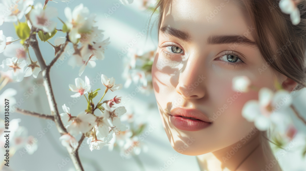 Serene woman amid blossoming branches with an ethereal glow. Serene woman amid blossoming branches with an ethereal glow.