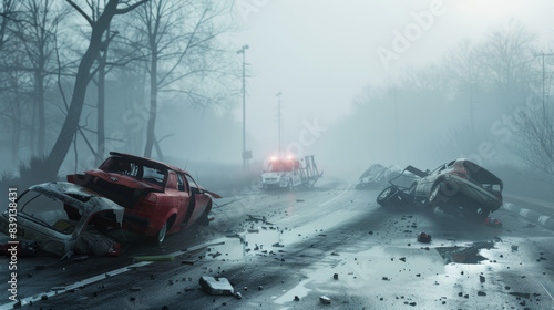 Multiple vehicles wrecked in a mysterious, fog-laden roadway disaster.