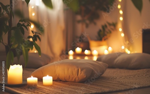 Tranquil Meditation Nook in Your Home Office with Cushions and Candles. Generative Ai