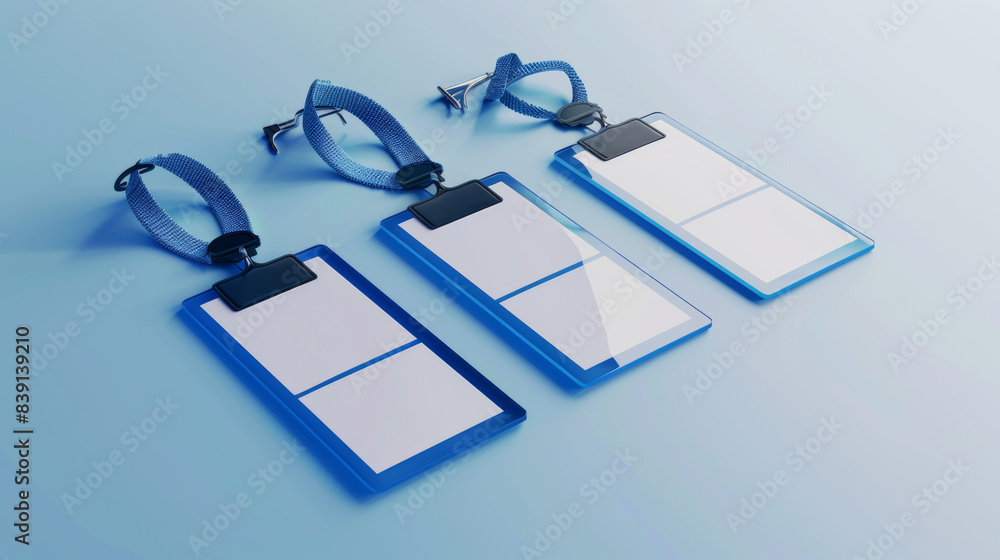 Three blank name badges with blue lanyards on a blue background, suggesting corporate identity. Three blank name badges with blue lanyards on a blue background, suggesting corporate identity.