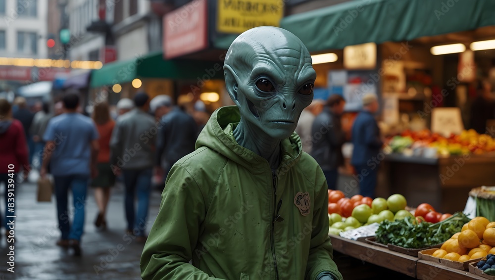 A scene where an alien stranded on Earth attempts to blend in at a bustling city market ai_generated A scene where an alien stranded on Earth attempts to blend in at a bustling city market ai_generated