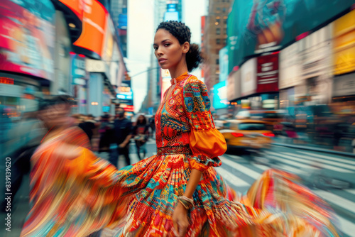 Model in a chic  trendy outfit moves dynamically through a crowded city street