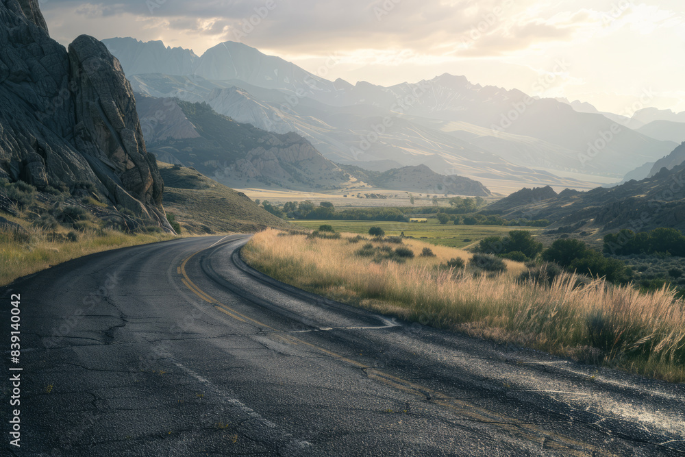Fototapeta premium Road to the great mountain. Sunrise