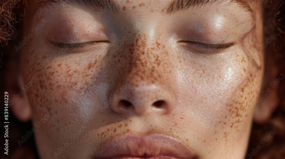 Red-haired woman with freckles standing isolated on the background inclusive beauty closed eye, happy face close-up Red-haired woman with freckles standing isolated on the background inclusive beauty closed eye, happy face close-up