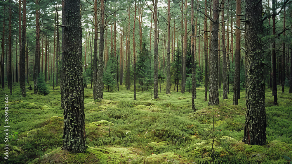 A dense pine forest in northern Europe, with tall trees and mosscovered ground, showcasing the natural beauty of an old growth woodland A dense pine forest in northern Europe, with tall trees and mosscovered ground, showcasing the natural beauty of an old growth woodland