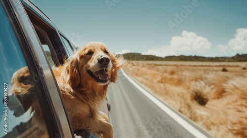 A cute dog smiles and sticks its head out of the car window while driving on an open road on a sunny day photo