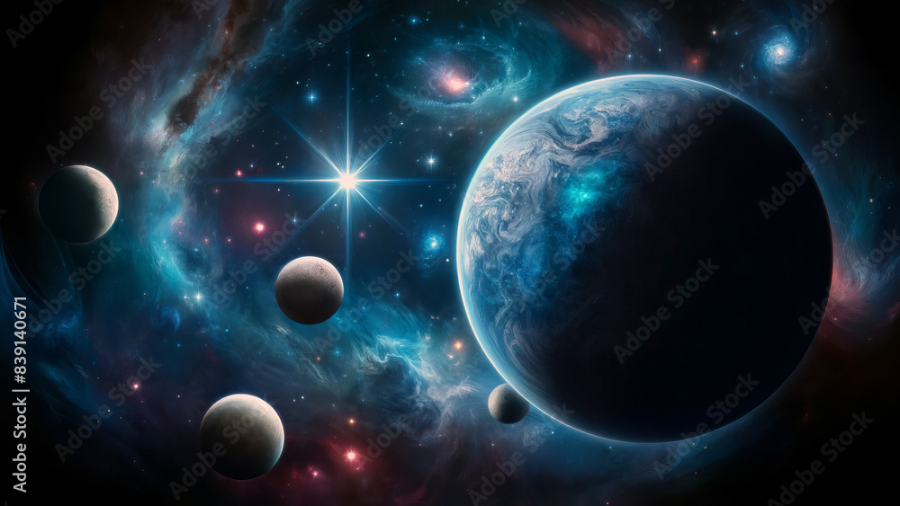 Vibrant blue planet in a stunning cosmic cloud scene Vibrant blue planet in a stunning cosmic cloud scene