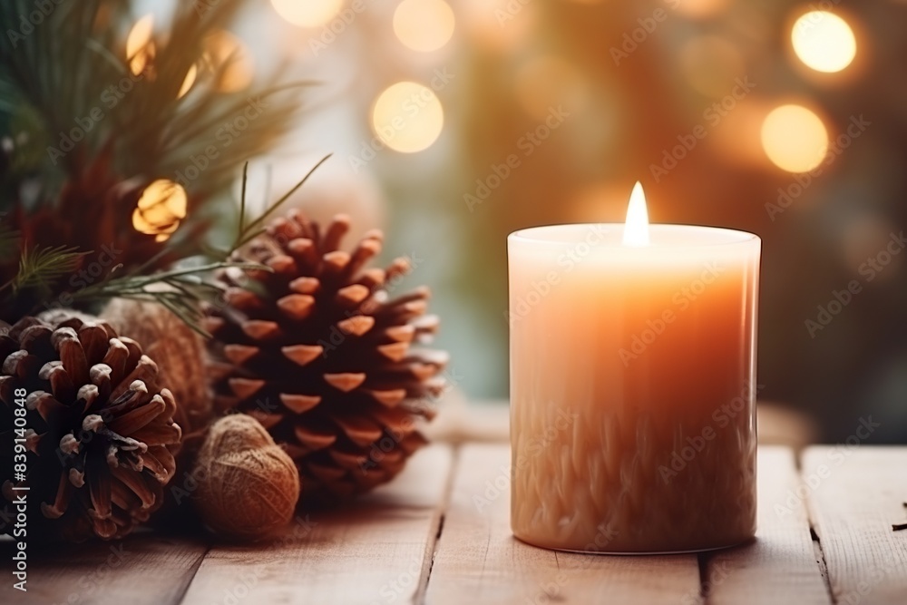 Candle burning inside the home with autumn elements. Candle burning inside the home with autumn elements.