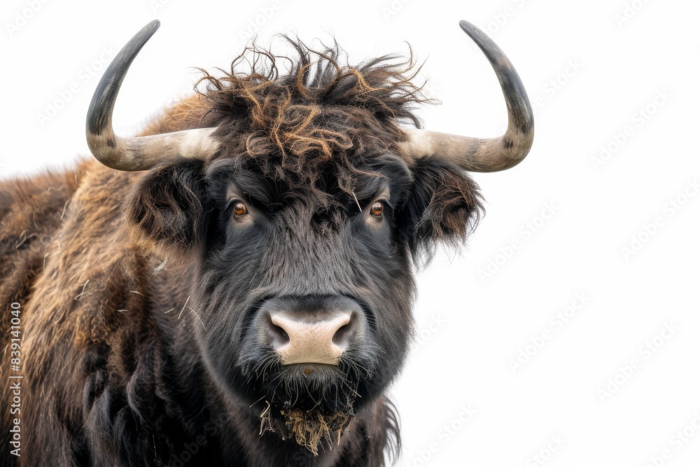 Mystic portrait of Yak, copy space on right side, Anger, Menacing, Headshot, Close-up View Isolated on white background Mystic portrait of Yak, copy space on right side, Anger, Menacing, Headshot, Close-up View Isolated on white background