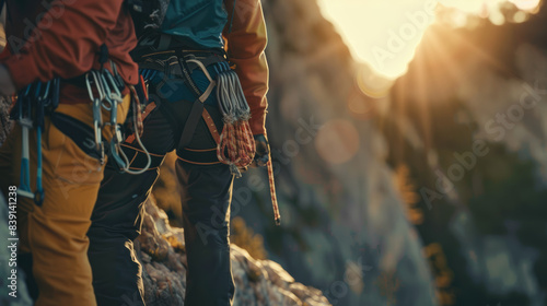 Rock climbers at golden hour, their gear ready for a challenging ascent. photo