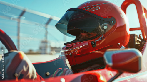 Intense racer in helmet focuses keenly while competing in a go-kart race. photo