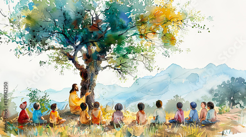 Digital watercolor painting of Jesus Watercolor painting, Jesus teaching children under a large tree, children gathered around in awe, peaceful countryside with hills in the distance