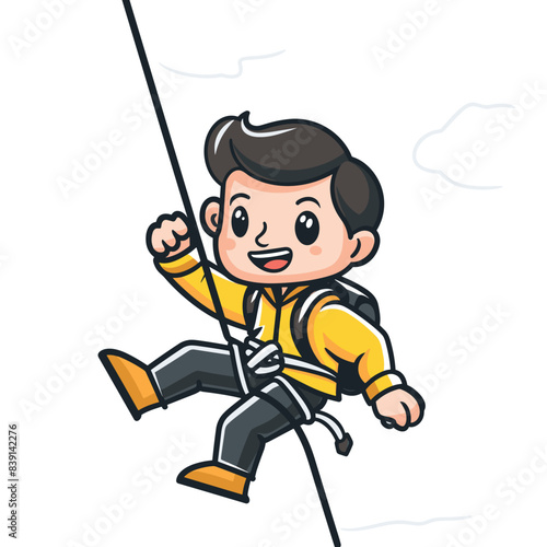 Young male cartoon character climbing, smiling climber safety harness helmet. Adventurous boy yellow jacket enjoys rock climbing, outdoor activity illustration. Happy child engaged mountaineering