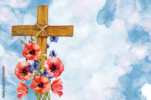 red poppies with a wooden Christian cross2
