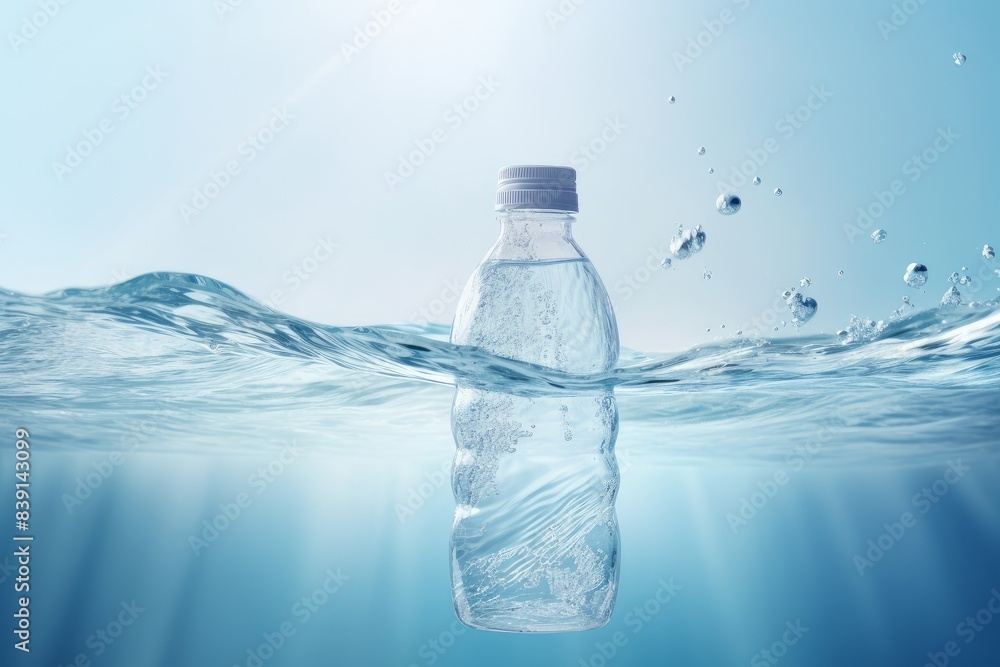 A bottle of water in a clear liquid with splashes on a blue background. Copy space, mock up A bottle of water in a clear liquid with splashes on a blue background. Copy space, mock up