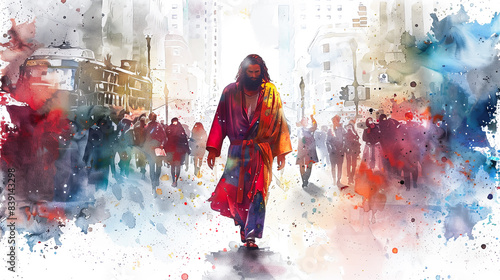 Digital watercolor painting of Jesus Watercolor painting, Jesus walking through a busy city street, blending ancient and modern elements, people of diverse backgrounds passing